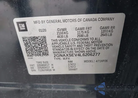 2020 Chevrolet Equinox Awd Ls from USA, damaged, VIN 2GNAXSEV4L6206277